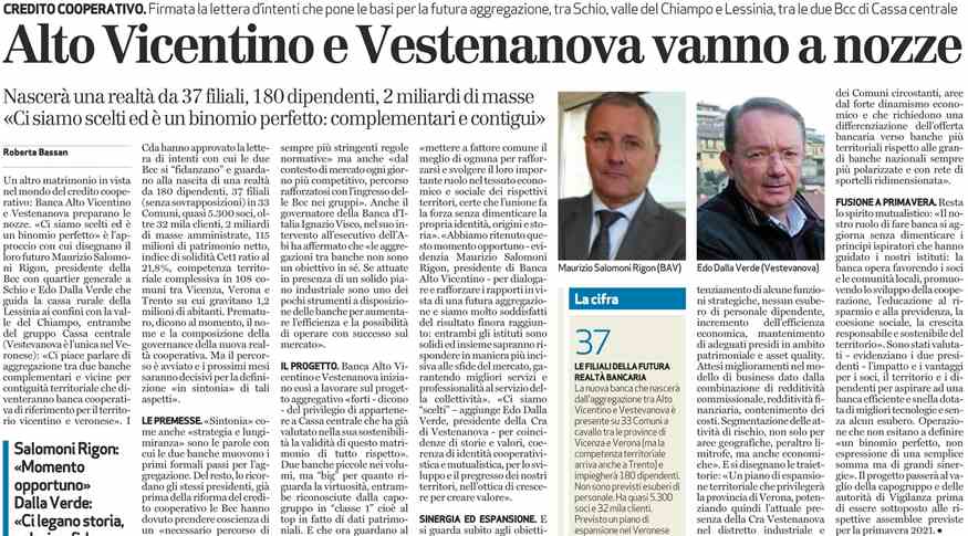 Giornale di Vicenza 13.11.2020 - Alto Vicentino e Vestenanova vanno a nozze